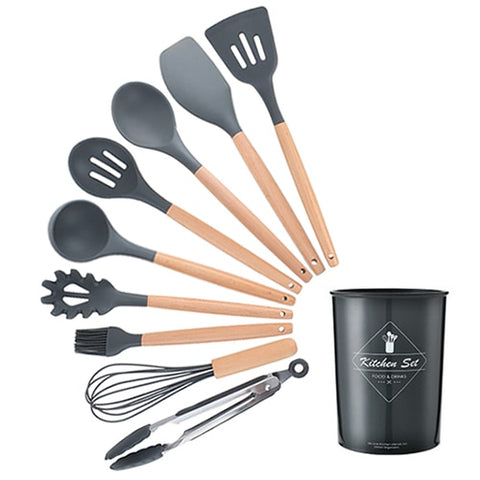 Image of 9/10/12PCS Silicone Cooking Utensils Set Non-stick Spatula Shovel Wooden Handle Cooking Tools Set With Storage Box Kitchen Tools
