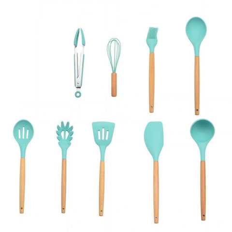 Image of 9/10/12PCS Silicone Cooking Utensils Set Non-stick Spatula Shovel Wooden Handle Cooking Tools Set With Storage Box Kitchen Tools