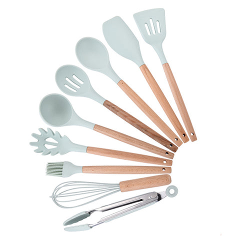 Image of 9/10/12PCS Silicone Cooking Utensils Set Non-stick Spatula Shovel Wooden Handle Cooking Tools Set With Storage Box Kitchen Tools