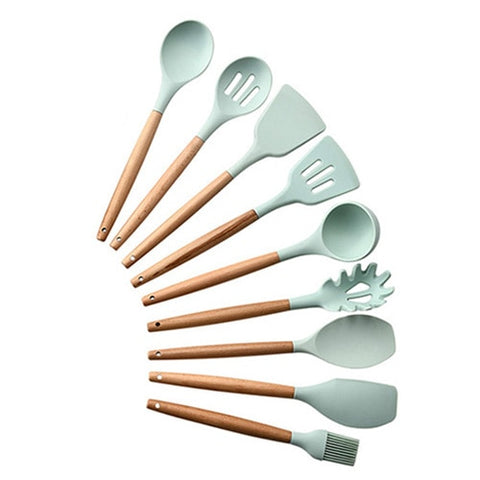 Image of 9/10/12PCS Silicone Cooking Utensils Set Non-stick Spatula Shovel Wooden Handle Cooking Tools Set With Storage Box Kitchen Tools