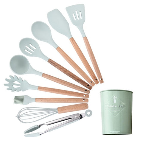 Image of 9/10/12PCS Silicone Cooking Utensils Set Non-stick Spatula Shovel Wooden Handle Cooking Tools Set With Storage Box Kitchen Tools