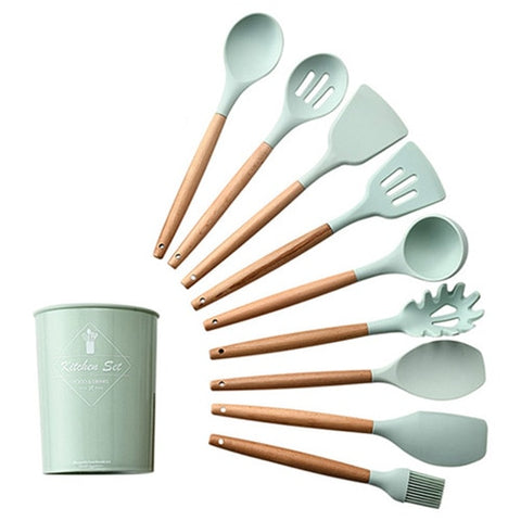 Image of 9/10/12PCS Silicone Cooking Utensils Set Non-stick Spatula Shovel Wooden Handle Cooking Tools Set With Storage Box Kitchen Tools