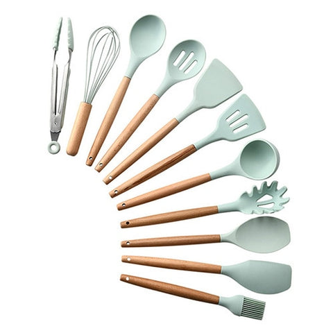 Image of 9/10/12PCS Silicone Cooking Utensils Set Non-stick Spatula Shovel Wooden Handle Cooking Tools Set With Storage Box Kitchen Tools