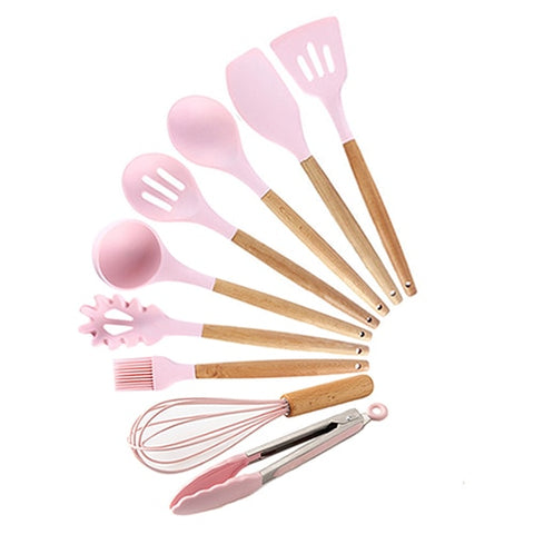 Image of 9/10/12PCS Silicone Cooking Utensils Set Non-stick Spatula Shovel Wooden Handle Cooking Tools Set With Storage Box Kitchen Tools