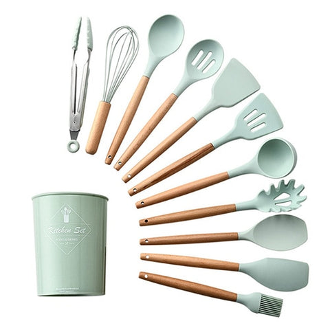 Image of 9/10/12PCS Silicone Cooking Utensils Set Non-stick Spatula Shovel Wooden Handle Cooking Tools Set With Storage Box Kitchen Tools