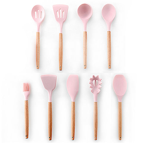 Image of 9/10/12PCS Silicone Cooking Utensils Set Non-stick Spatula Shovel Wooden Handle Cooking Tools Set With Storage Box Kitchen Tools