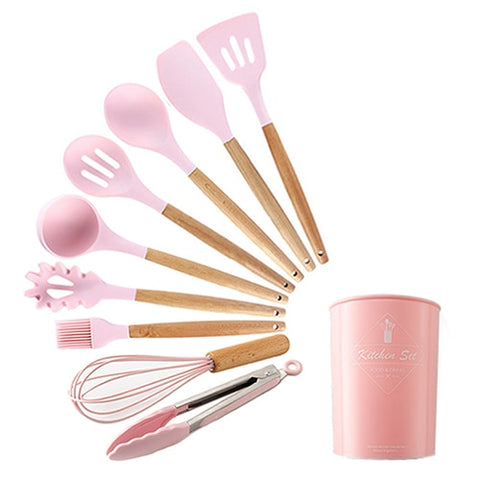 Image of 9/10/12PCS Silicone Cooking Utensils Set Non-stick Spatula Shovel Wooden Handle Cooking Tools Set With Storage Box Kitchen Tools