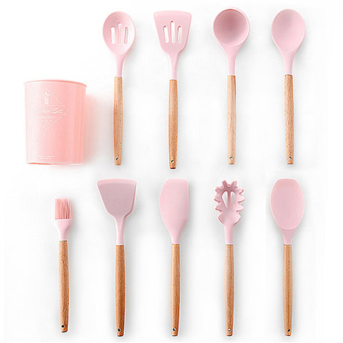 Image of 9/10/12PCS Silicone Cooking Utensils Set Non-stick Spatula Shovel Wooden Handle Cooking Tools Set With Storage Box Kitchen Tools