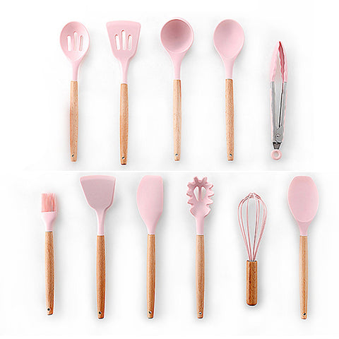 Image of 9/10/12PCS Silicone Cooking Utensils Set Non-stick Spatula Shovel Wooden Handle Cooking Tools Set With Storage Box Kitchen Tools