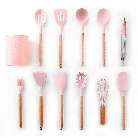 Image of 9/10/12PCS Silicone Cooking Utensils Set Non-stick Spatula Shovel Wooden Handle Cooking Tools Set With Storage Box Kitchen Tools