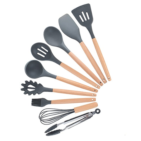 Image of 9/10/12PCS Silicone Cooking Utensils Set Non-stick Spatula Shovel Wooden Handle Cooking Tools Set With Storage Box Kitchen Tools