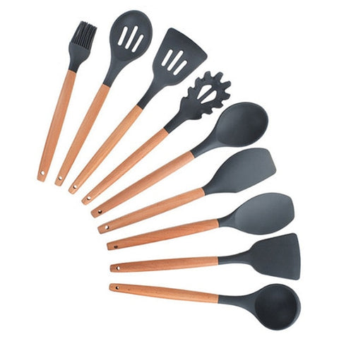 Image of 9/10/12PCS Silicone Cooking Utensils Set Non-stick Spatula Shovel Wooden Handle Cooking Tools Set With Storage Box Kitchen Tools