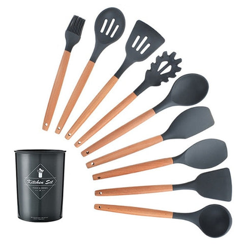 Image of 9/10/12PCS Silicone Cooking Utensils Set Non-stick Spatula Shovel Wooden Handle Cooking Tools Set With Storage Box Kitchen Tools