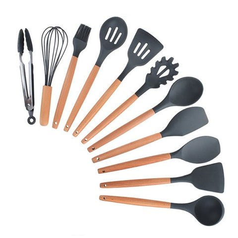 Image of 9/10/12PCS Silicone Cooking Utensils Set Non-stick Spatula Shovel Wooden Handle Cooking Tools Set With Storage Box Kitchen Tools