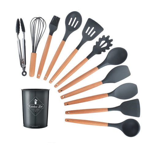 Image of 9/10/12PCS Silicone Cooking Utensils Set Non-stick Spatula Shovel Wooden Handle Cooking Tools Set With Storage Box Kitchen Tools