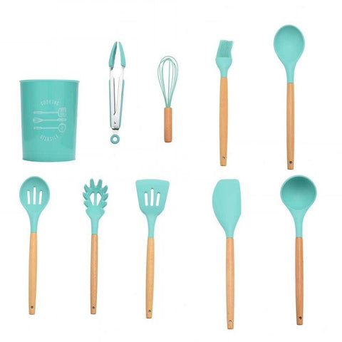 Image of 9/10/12PCS Silicone Cooking Utensils Set Non-stick Spatula Shovel Wooden Handle Cooking Tools Set With Storage Box Kitchen Tools