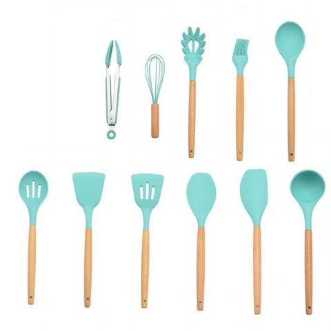 Image of 9/10/12PCS Silicone Cooking Utensils Set Non-stick Spatula Shovel Wooden Handle Cooking Tools Set With Storage Box Kitchen Tools