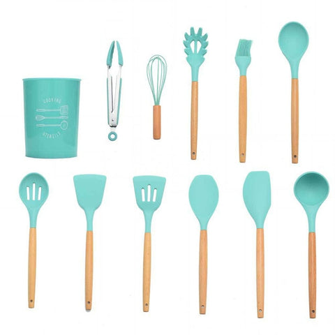 Image of 9/10/12PCS Silicone Cooking Utensils Set Non-stick Spatula Shovel Wooden Handle Cooking Tools Set With Storage Box Kitchen Tools