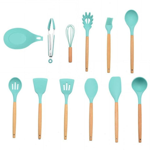 Image of 9/10/12PCS Silicone Cooking Utensils Set Non-stick Spatula Shovel Wooden Handle Cooking Tools Set With Storage Box Kitchen Tools