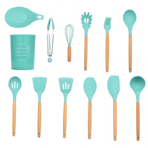 Image of 9/10/12PCS Silicone Cooking Utensils Set Non-stick Spatula Shovel Wooden Handle Cooking Tools Set With Storage Box Kitchen Tools