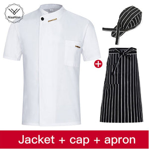 Chef Jacket Cook Coat Restaurant Kitchen Chef Uniform Short Sleeve Chef Clothes Hotel Bakery Pastry Cafe Overalls+Apron+Hat