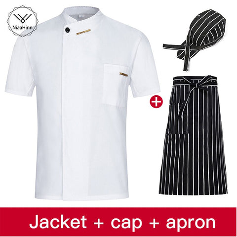 Image of Chef Jacket Cook Coat Restaurant Kitchen Chef Uniform Short Sleeve Chef Clothes Hotel Bakery Pastry Cafe Overalls+Apron+Hat