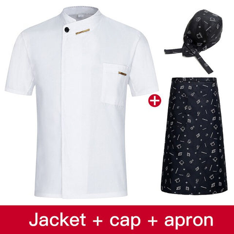 Image of Chef Jacket Cook Coat Restaurant Kitchen Chef Uniform Short Sleeve Chef Clothes Hotel Bakery Pastry Cafe Overalls+Apron+Hat