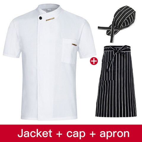 Image of Chef Jacket Cook Coat Restaurant Kitchen Chef Uniform Short Sleeve Chef Clothes Hotel Bakery Pastry Cafe Overalls+Apron+Hat