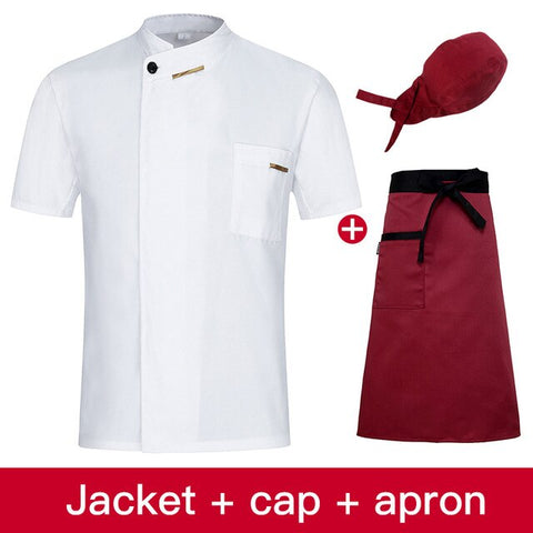 Image of Chef Jacket Cook Coat Restaurant Kitchen Chef Uniform Short Sleeve Chef Clothes Hotel Bakery Pastry Cafe Overalls+Apron+Hat