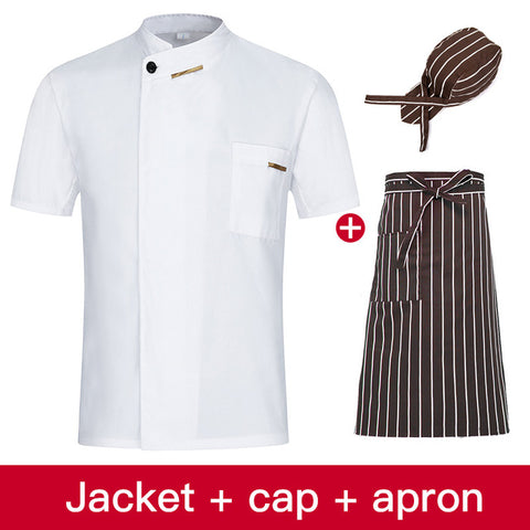 Image of Chef Jacket Cook Coat Restaurant Kitchen Chef Uniform Short Sleeve Chef Clothes Hotel Bakery Pastry Cafe Overalls+Apron+Hat