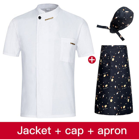 Image of Chef Jacket Cook Coat Restaurant Kitchen Chef Uniform Short Sleeve Chef Clothes Hotel Bakery Pastry Cafe Overalls+Apron+Hat