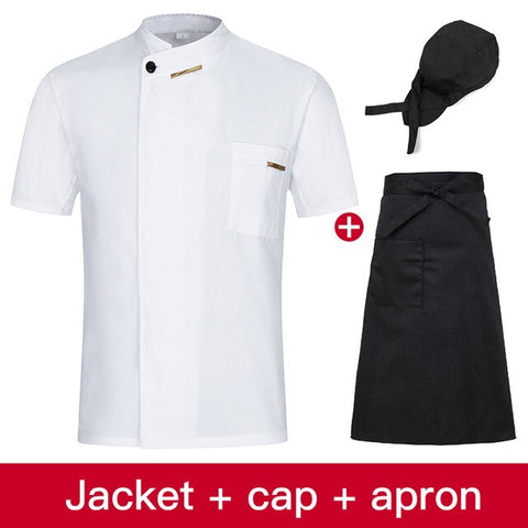 Image of Chef Jacket Cook Coat Restaurant Kitchen Chef Uniform Short Sleeve Chef Clothes Hotel Bakery Pastry Cafe Overalls+Apron+Hat