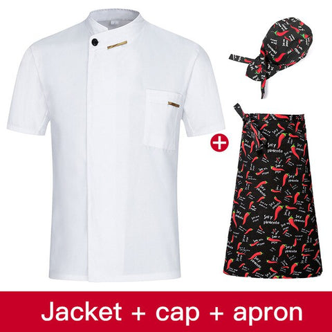 Image of Chef Jacket Cook Coat Restaurant Kitchen Chef Uniform Short Sleeve Chef Clothes Hotel Bakery Pastry Cafe Overalls+Apron+Hat